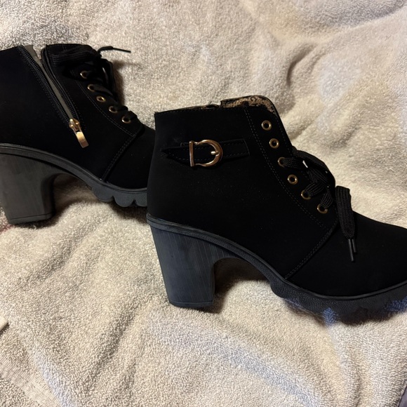 Black Ankle Boots with Gold Accents - Picture 2 of 10